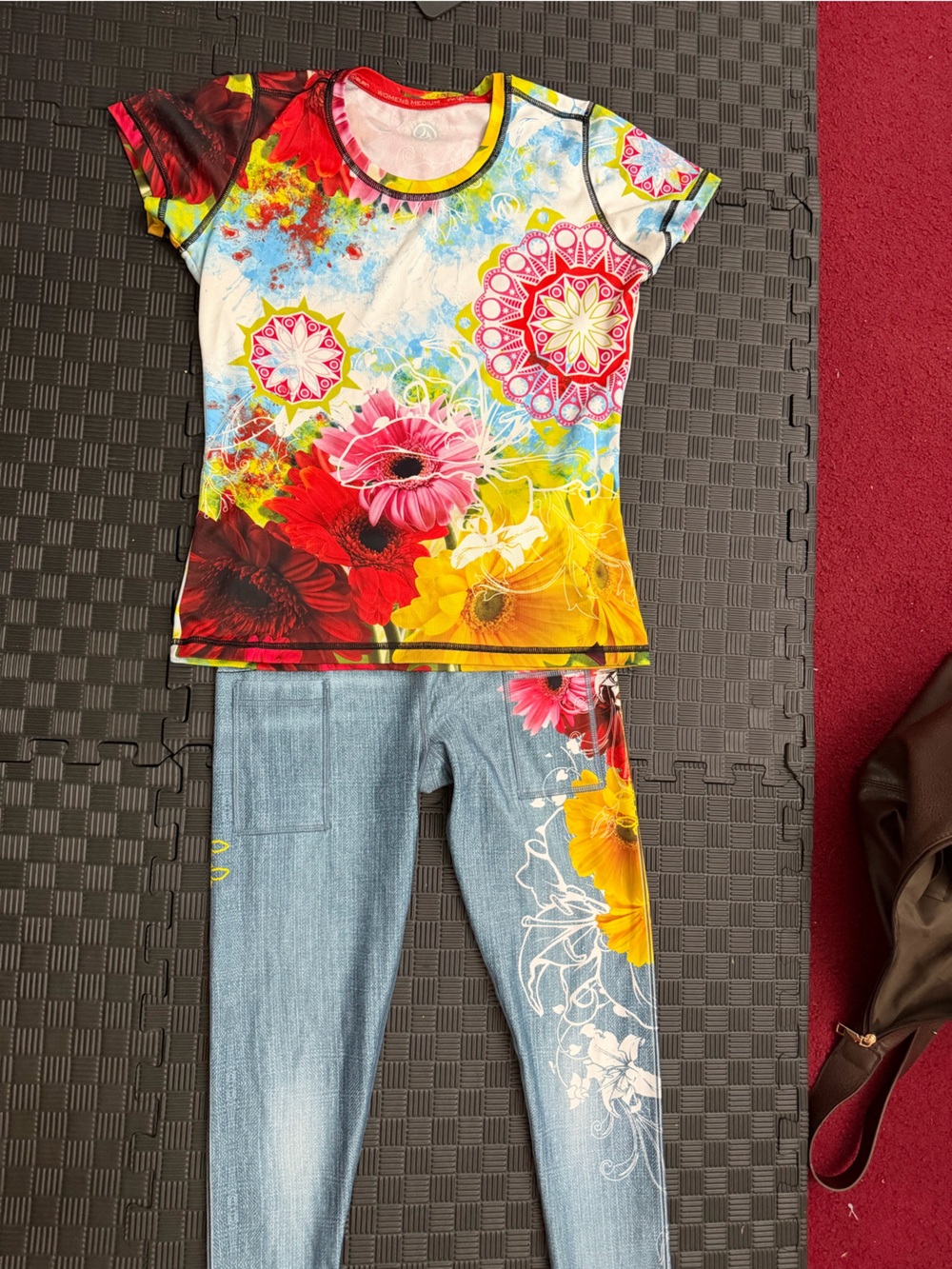 INKnBURN Floral Athletic Leggings and Top Set in Red, Yellow, Blue, Pink